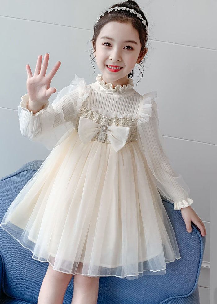 Apricot Nail Bead Knit Patchwork Tulle Long Dress Long Sleeve