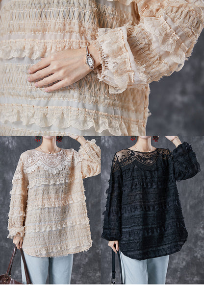 Apricot Patchwork Lace Shirt Tops Ruffled Spring
