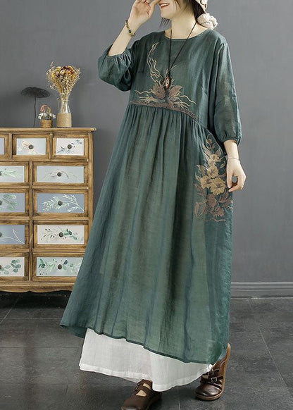 Apricot Patchwork Linen Dresses Embroideried O-neck Wrinkled Bracelet Sleeve