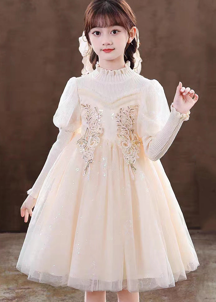 Apricot Patchwork Tulle Kids Dresses Ruffled Sequins Decorated Fall