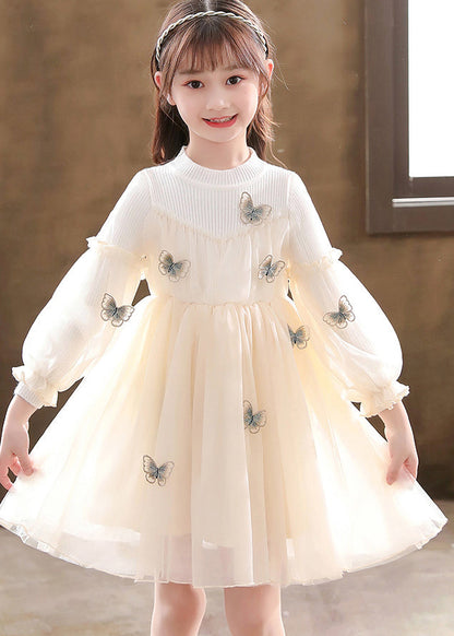 Apricot Patchwork Tulle Kids Dresses Wrinkled Butterfly Fall