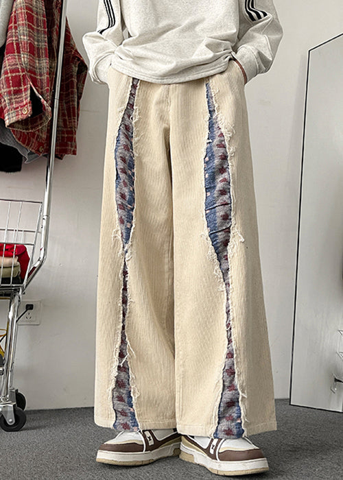 Apricot Pockets Patchwork Corduroy Wide Leg Pants Elastic Waist