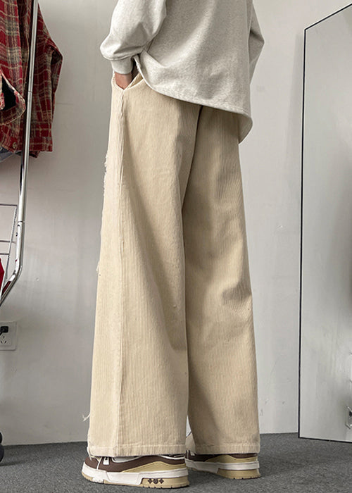 Apricot Pockets Patchwork Corduroy Wide Leg Pants Elastic Waist