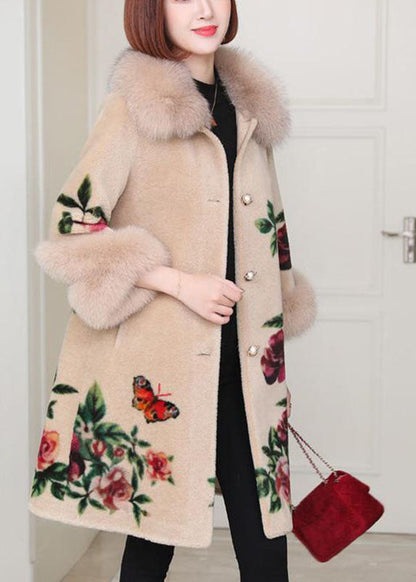Apricot Print Button Thick Winter Long Sleeve Coat