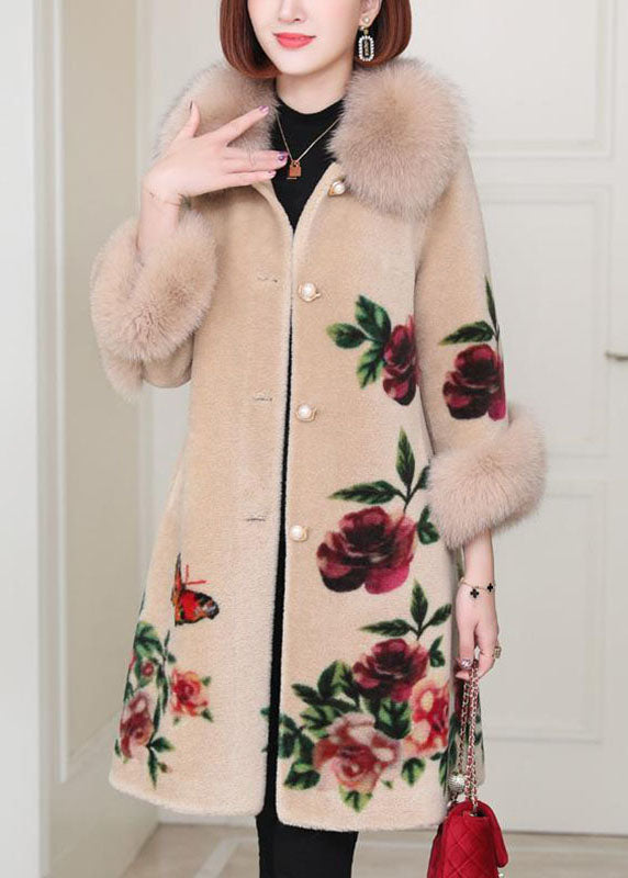Apricot Print Button Thick Winter Long Sleeve Coat