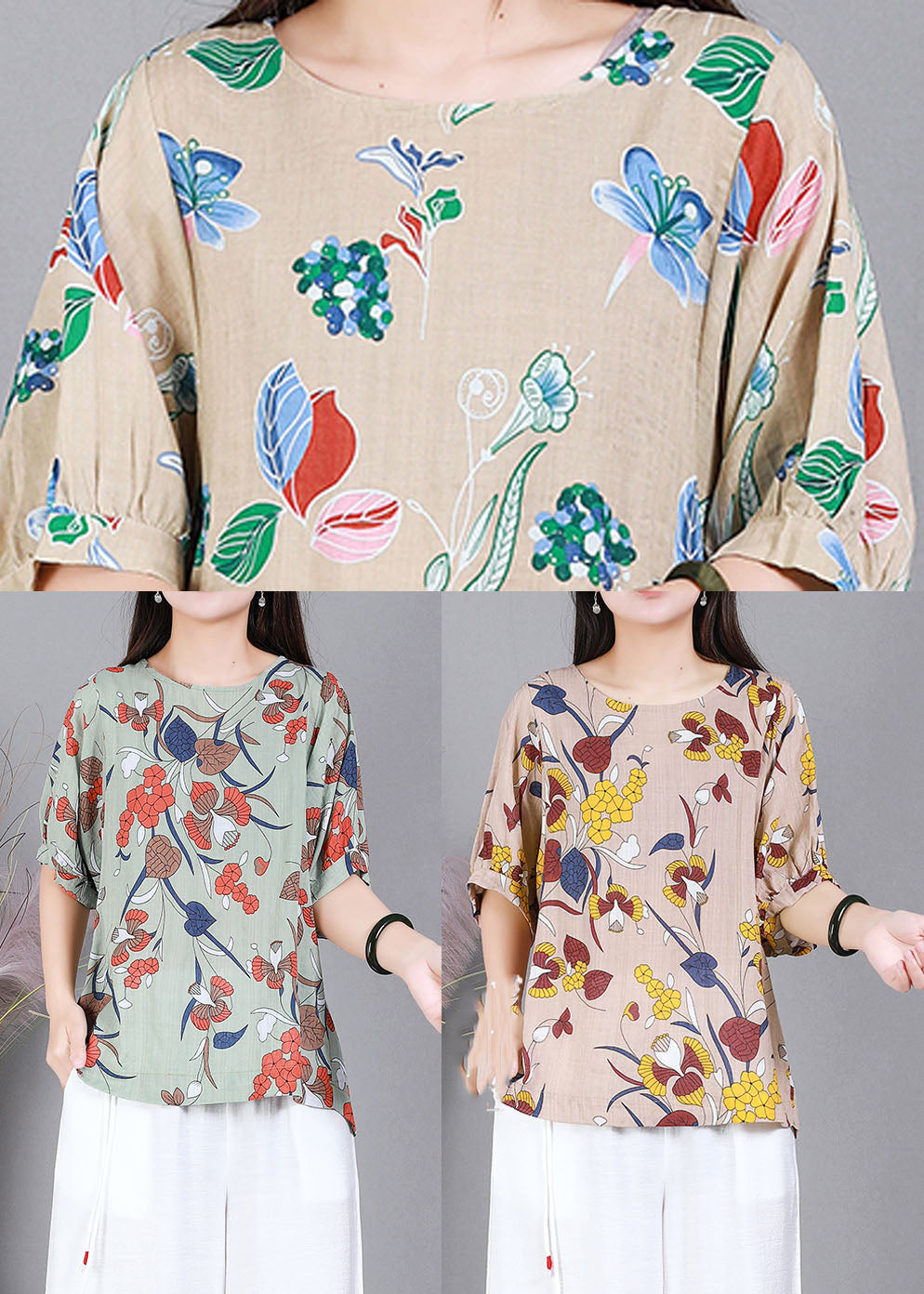 Apricot Print Cotton Original Design Shirts O-neck Half Sleeve