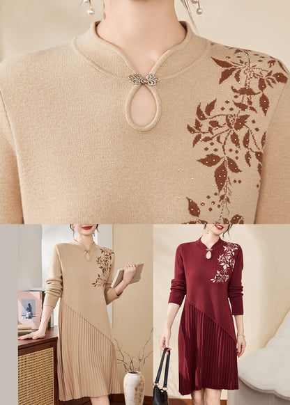 Apricot Print Ptchwork Hollow Out Cotton Knit Maxi Sweater Dress Spring