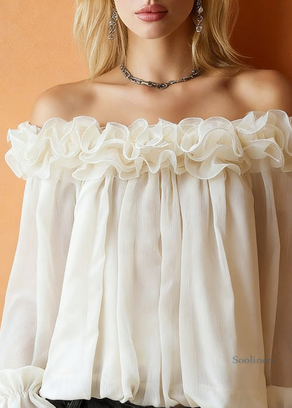 Apricot Ruffled Solid Blouses Slash Neck Spring