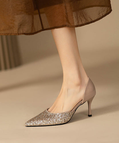 Apricot Stiletto High Heels Faux Leather Splicing Sequins