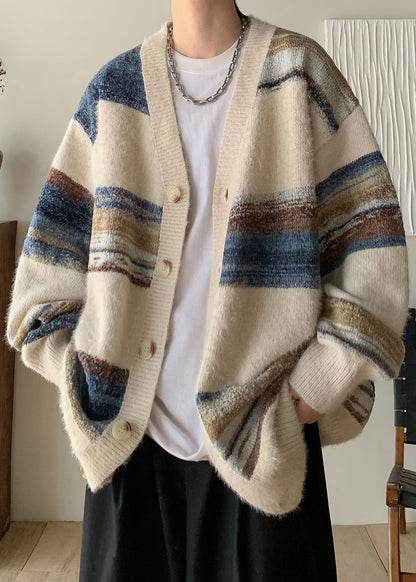 Apricot Striped Button Cozy Knit Coat V Neck