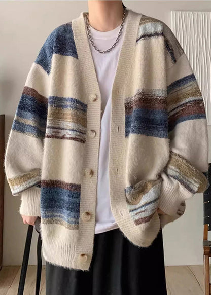 Apricot Striped Button Cozy Knit Coat V Neck