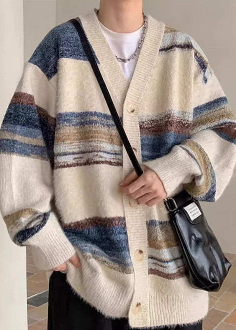 Apricot Striped Button Cozy Knit Coat V Neck