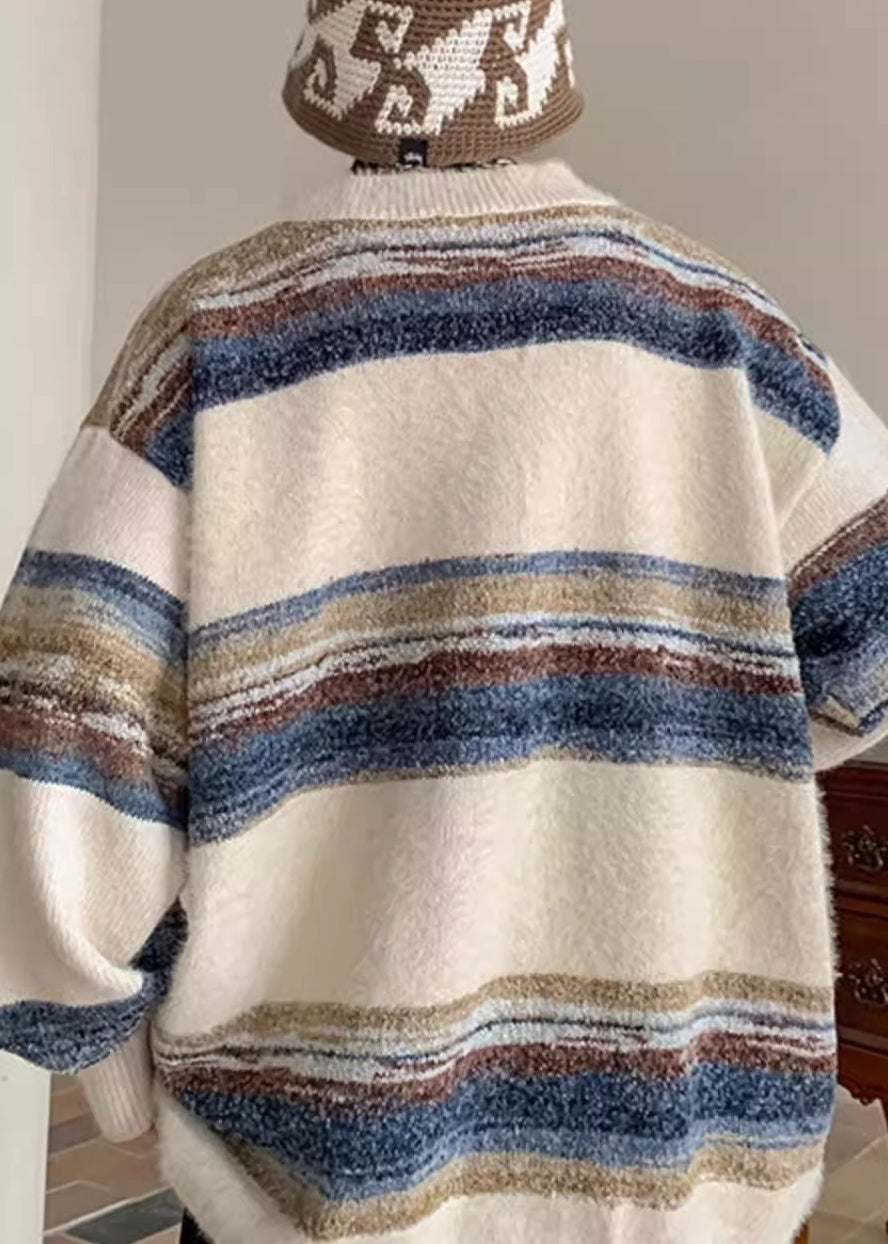 Apricot Striped Button Cozy Knit Coat V Neck