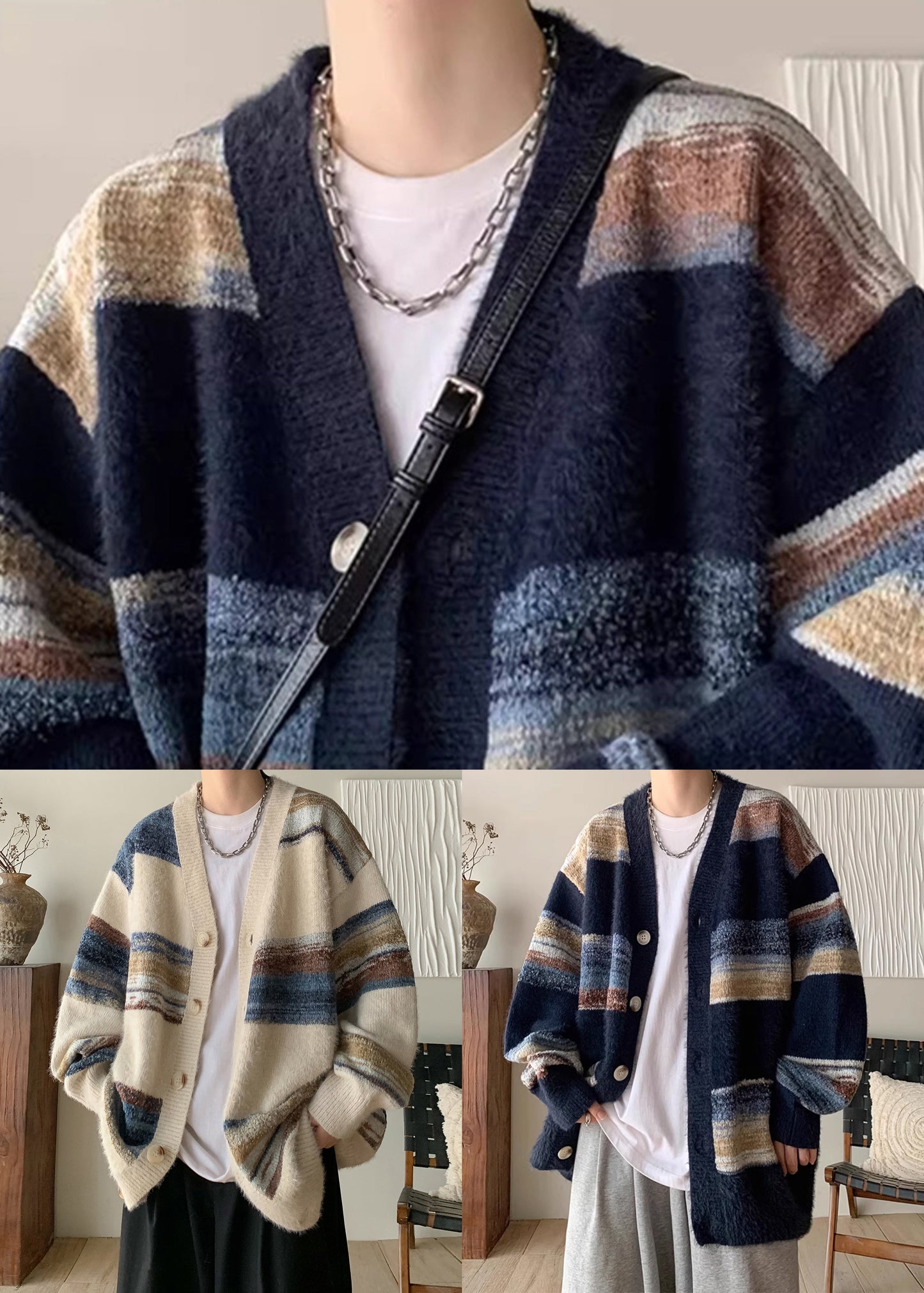 Apricot Striped Button Cozy Knit Coat V Neck