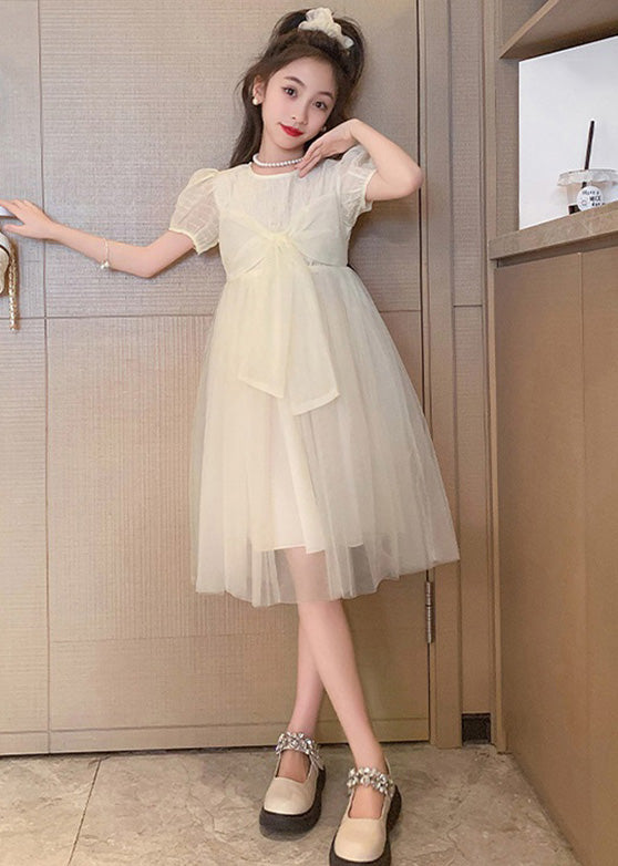 Apricot Striped Patchwork Tulle Maxi Dress Puff Sleeve