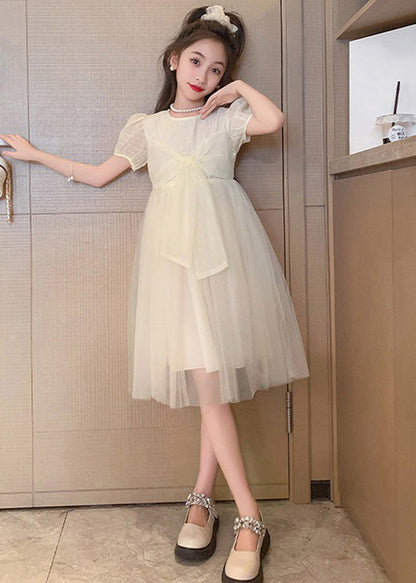 Apricot Striped Patchwork Tulle Maxi Dress Puff Sleeve
