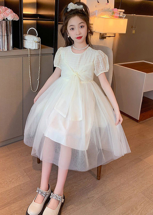 Apricot Striped Patchwork Tulle Maxi Dress Puff Sleeve