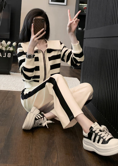 Apricot Striped Zippered Cotton Tops and Pants Sport Suit Spring