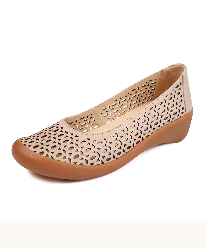 Apricot Wedge Sheepskin Sandals Hollow Out