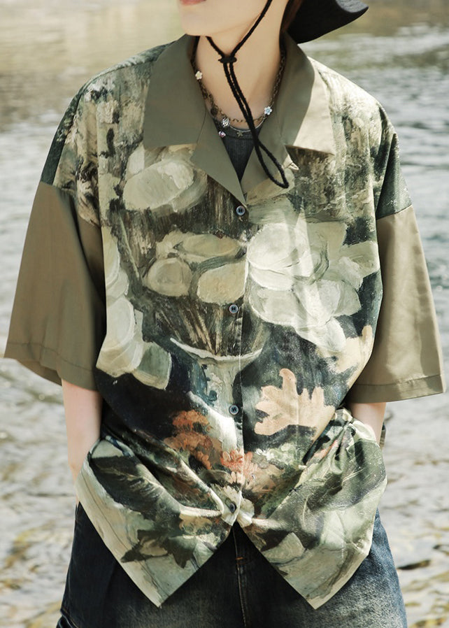 Army Green Cuban Collar Retro Shirt Short Sleeved