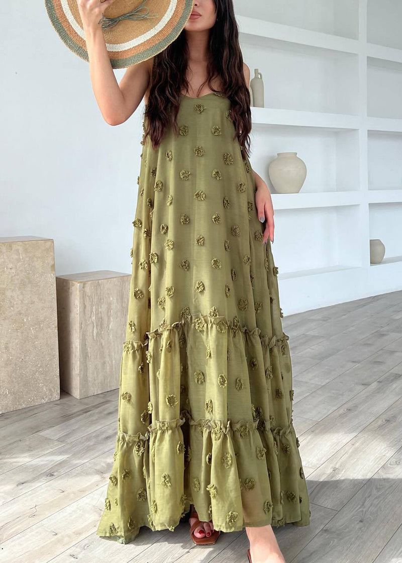 Army Green Cotton Spaghetti Strap Dress Ruffled Summer