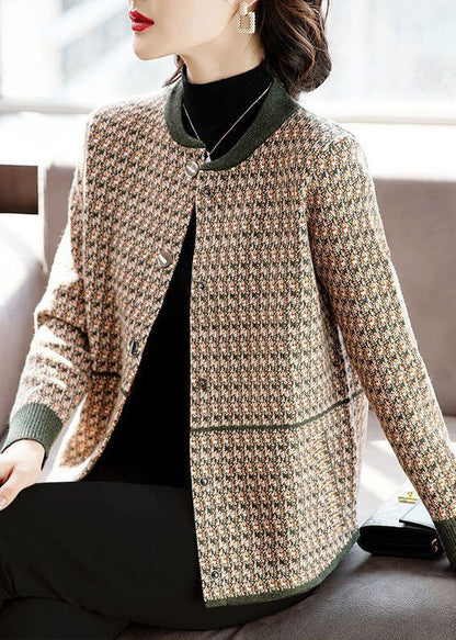 Army Green Patchwork Woolen Coats O-neck Pockets Long Sleeve