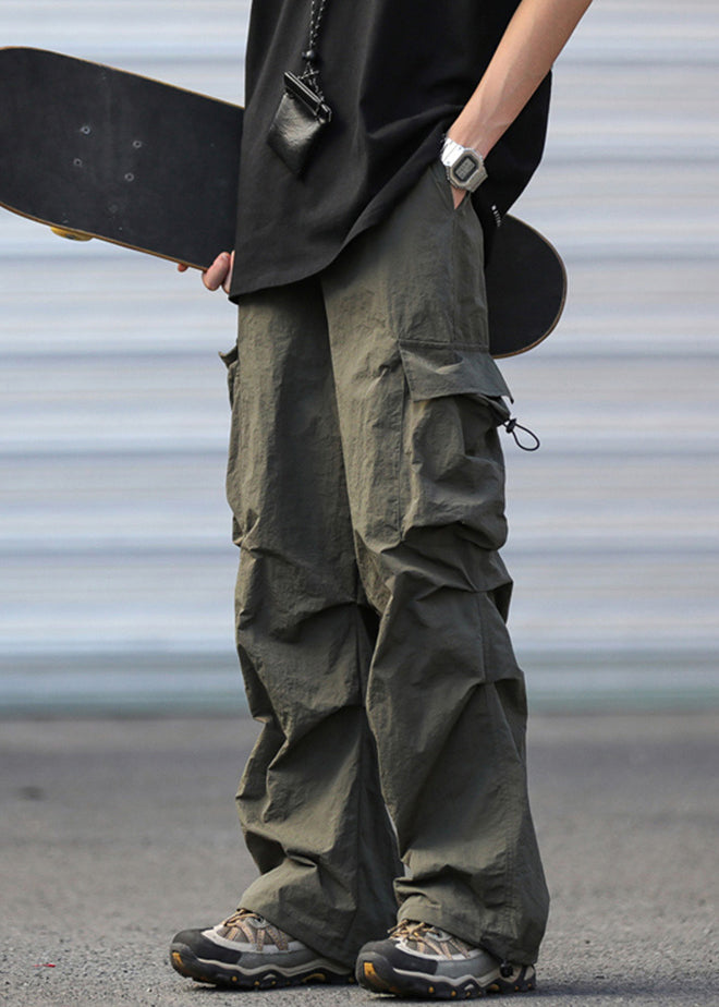 Army Green Pockets Drawstring Cotton Pants Summer