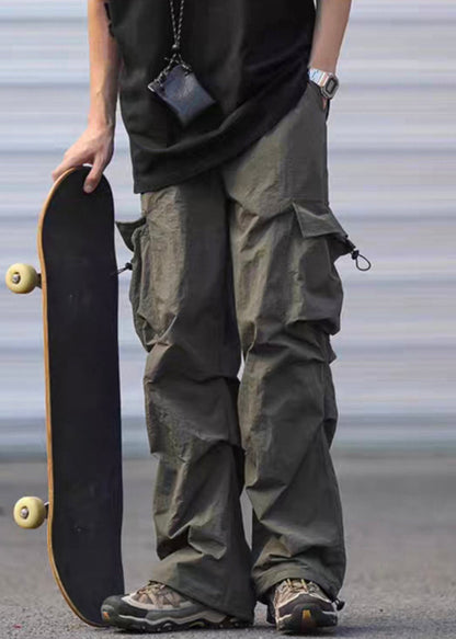 Army Green Pockets Drawstring Cotton Pants Summer