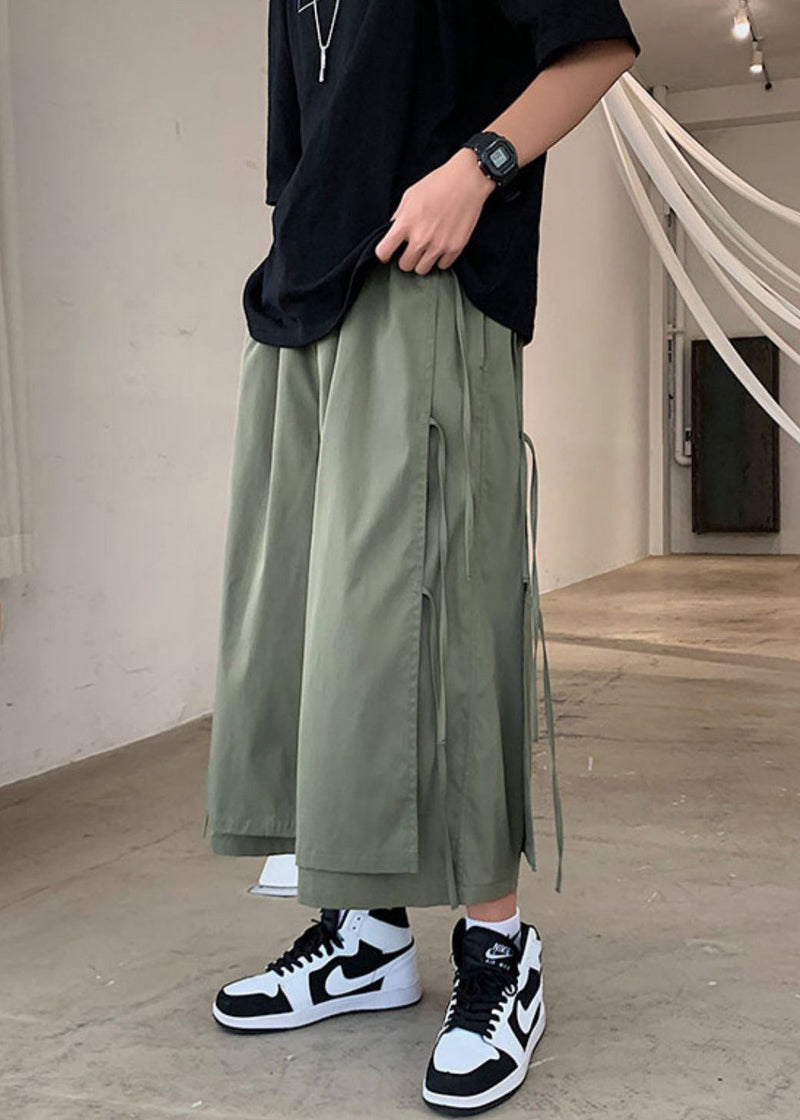 Army Green Pockets Patchwork Cotton Wide Leg Pants High Waist