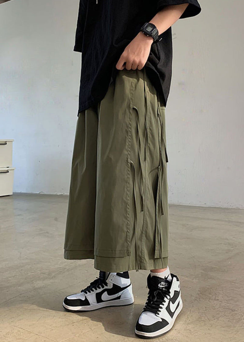 Army Green Pockets Patchwork Cotton Wide Leg Pants High Waist
