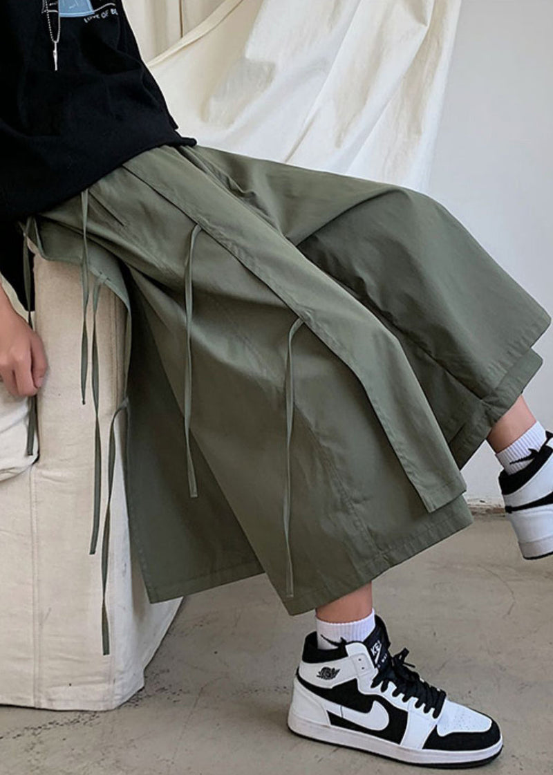 Army Green Pockets Patchwork Cotton Wide Leg Pants High Waist