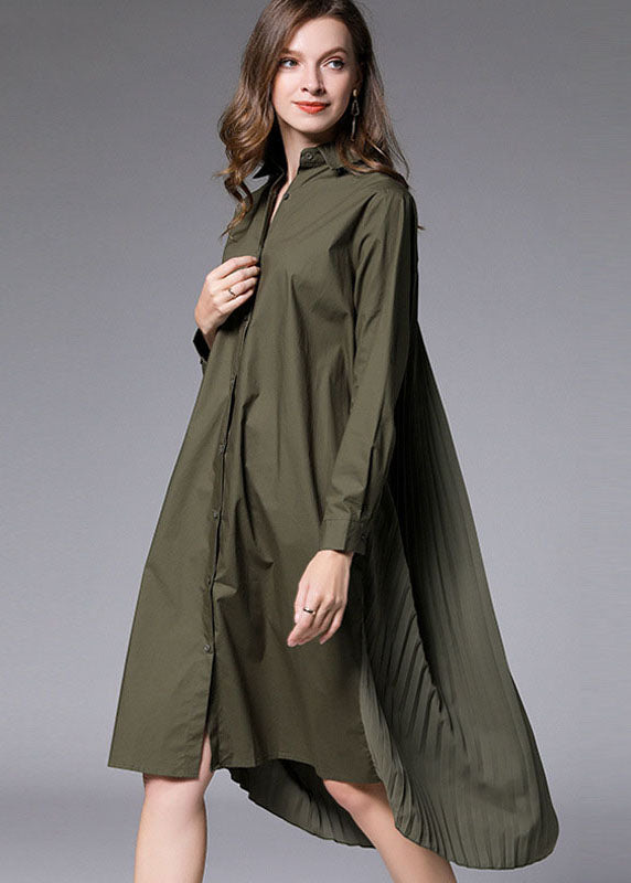 Army Green Wrinkled Cotton Vacation Shirts Dresses Peter Pan Collar Spring