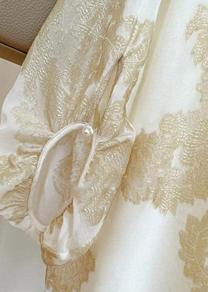 Art Apricot O-Neck Jacquard Patchwork Silk Blouses Lantern Sleeve