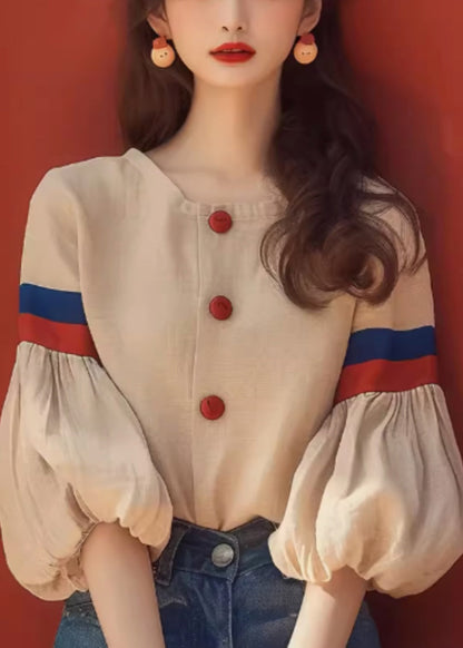 Art Apricot O-neck Patchwork Cotton Blouse Lantern Sleeve