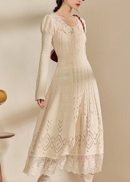Art Apricot O-neck Patchwork Hollow Out Cotton Knit Maxi Dress Spring