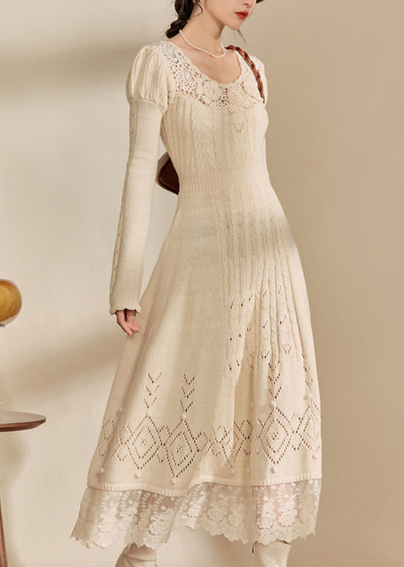 Art Apricot O-neck Patchwork Hollow Out Cotton Knit Maxi Dress Spring