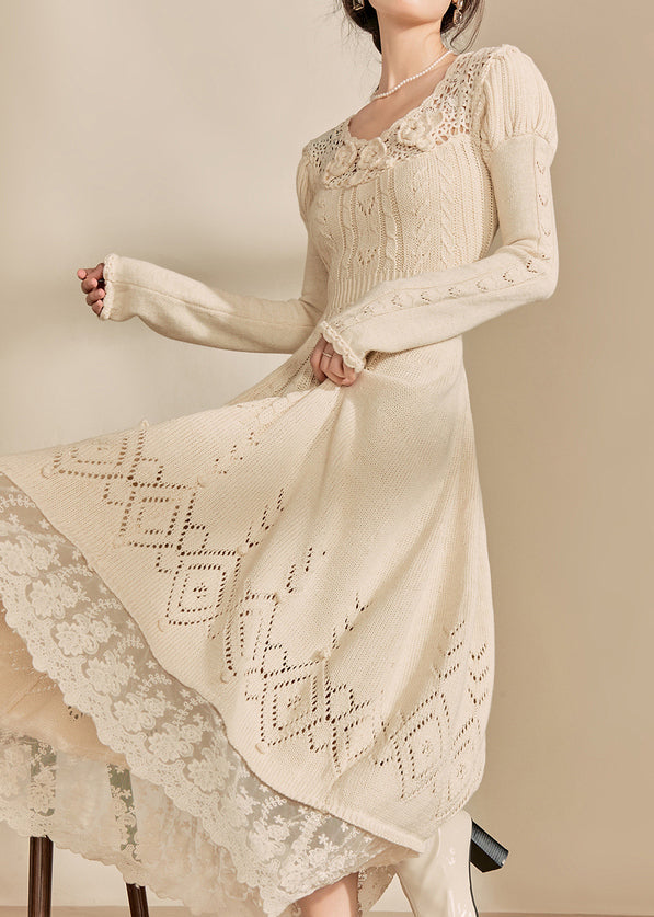 Art Apricot O-neck Patchwork Hollow Out Cotton Knit Maxi Dress Spring
