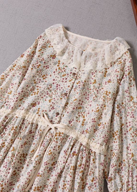 Art Apricot Peter Pan Collar Print Drawstring Dresses Spring