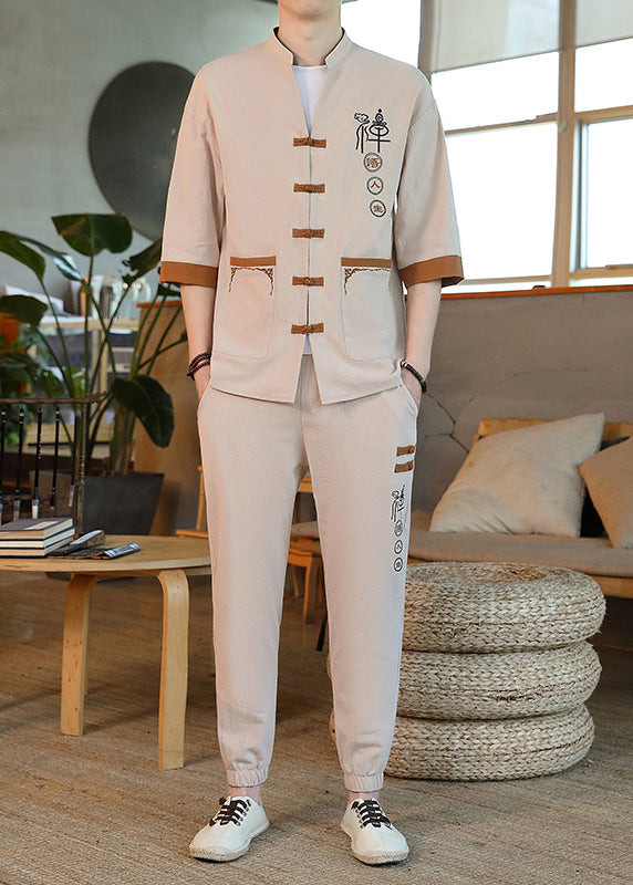 Art Apricot Stand Collar Button Shirt and Harem Pants Two Pieces Set Summer