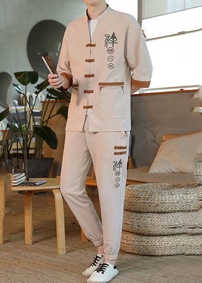 Art Apricot Stand Collar Button Shirt and Harem Pants Two Pieces Set Summer