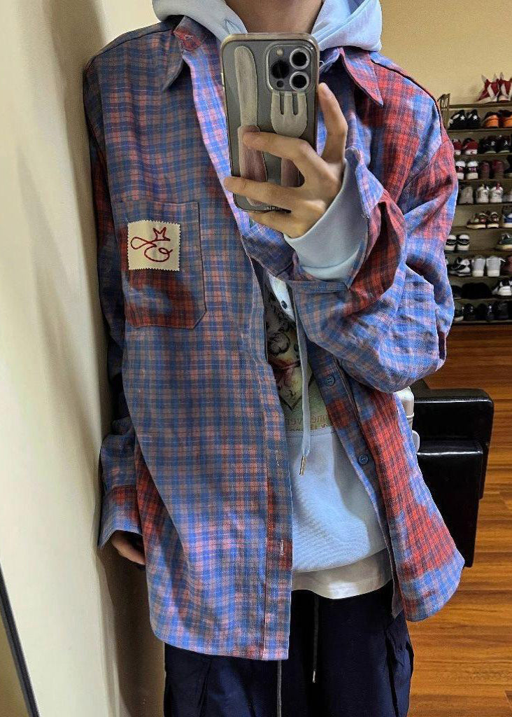 Art Asymmetrical Plaid Pockets Cotton Shirts Spring