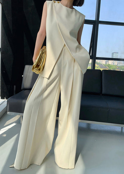 Art Beige Asymmetrical Patchwork Waistcoat and Wide Leg Pants Spandex Two Pieces Set Sleeveless