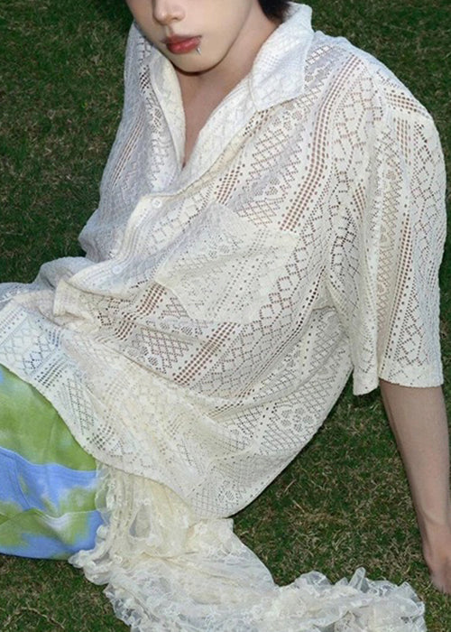 Art Beige Hollow Out Pockets Cotton Shirt Summer