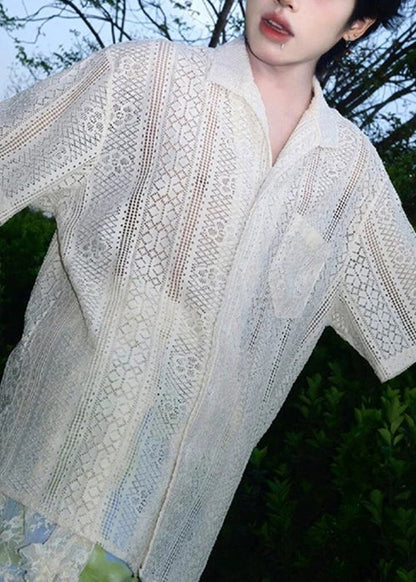 Art Beige Hollow Out Pockets Cotton Shirt Summer