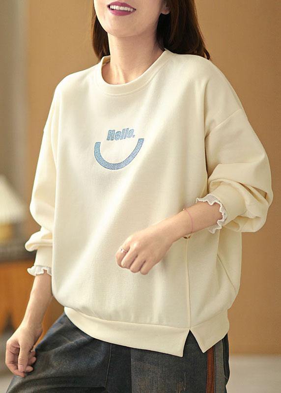 Art Beige O-Neck Graphic Ruffled Fall Sweatshirts Top