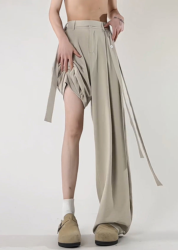 Art Beige Original Design Pockets Ice Silk Pants Summer