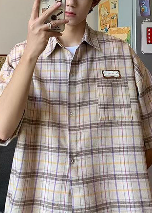 Art Beige Plaid Button Cotton Shirt Summer