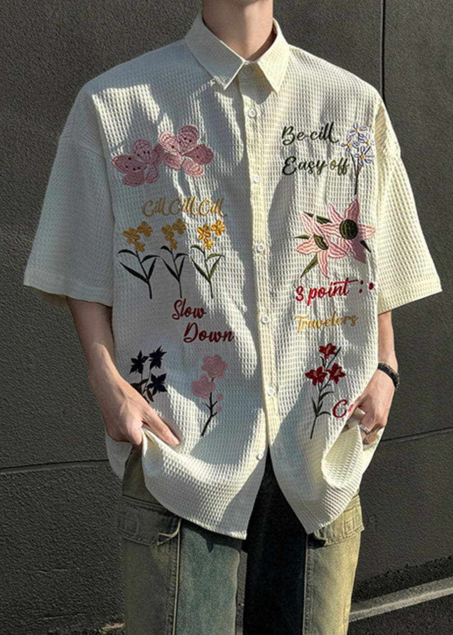 Art Beige Print Button Cotton Shirt Short Sleeve