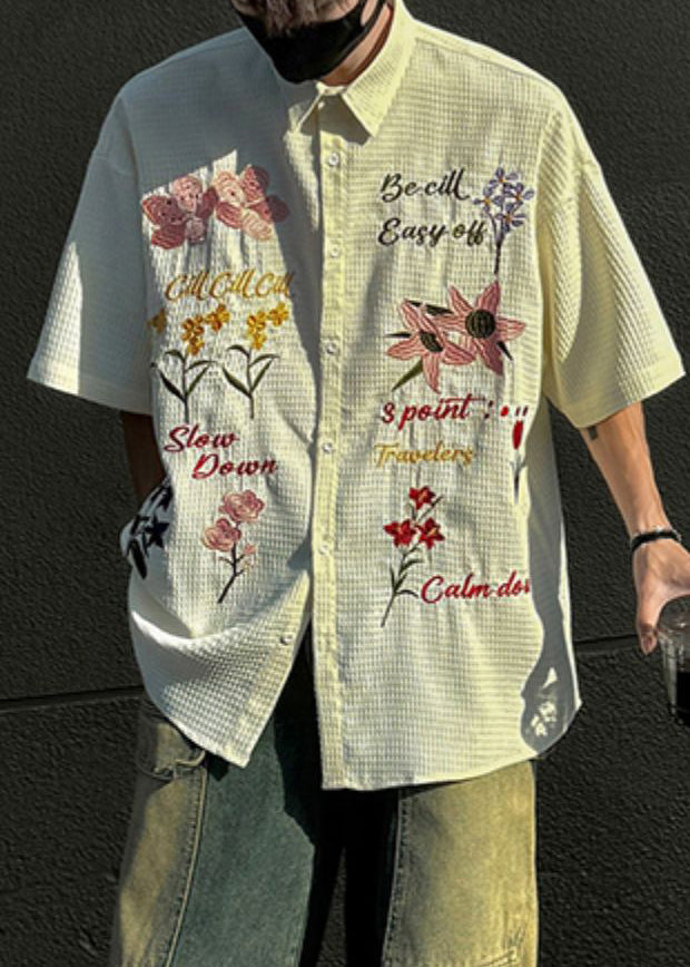 Art Beige Print Button Cotton Shirt Short Sleeve