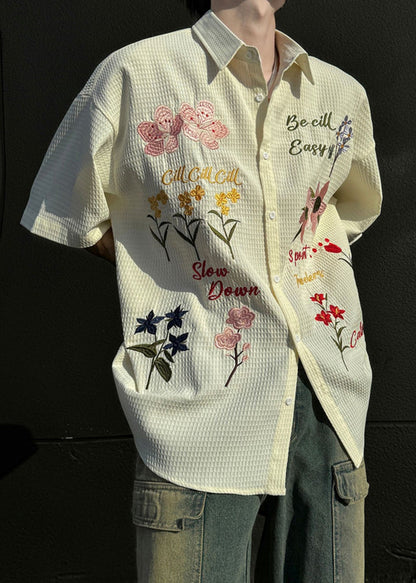 Art Beige Print Button Cotton Shirt Short Sleeve